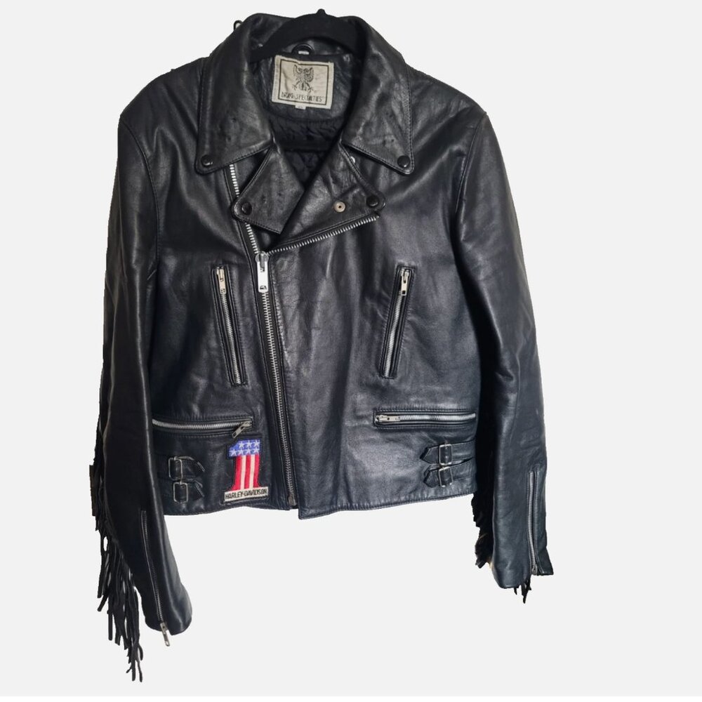 Vintage Drag Specialties Leather Moto Jacket w Fringe Harley Patches Men M / 40